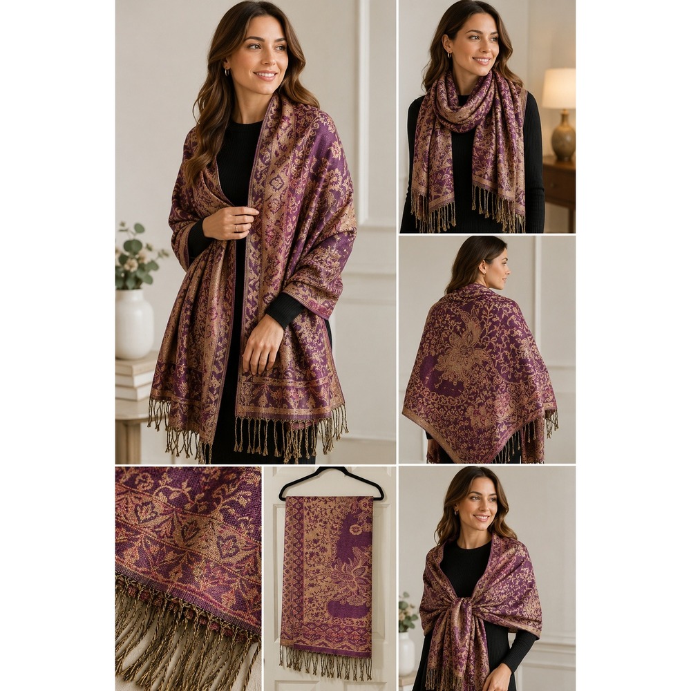 Pashmina 100% Pashmina Shawl Wrap Scarf Purple Gold Metallic Fringe